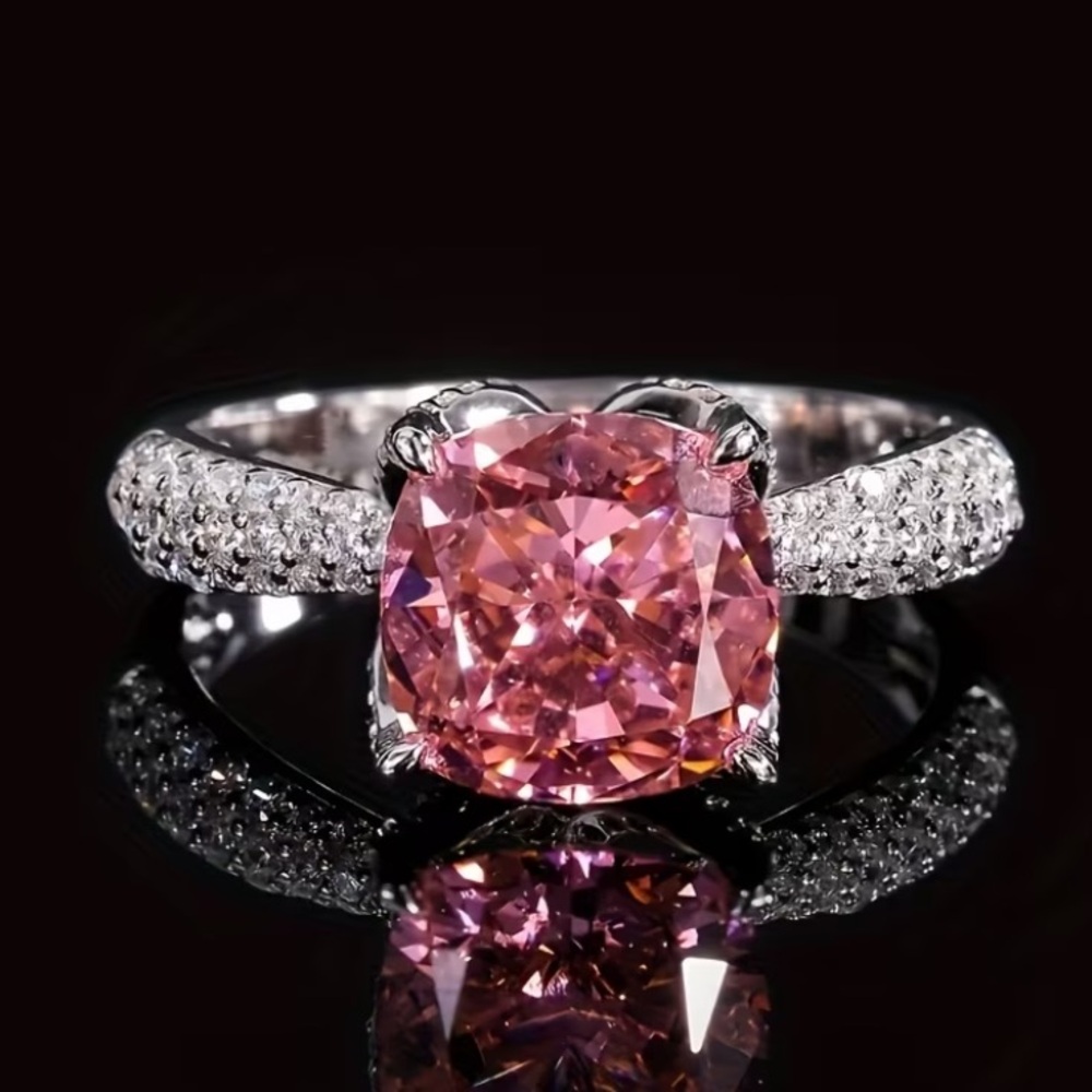Pink Synthetic Cubic Zirconia Cushion-Cut Halo Ring with Silver Plated Pave Band
